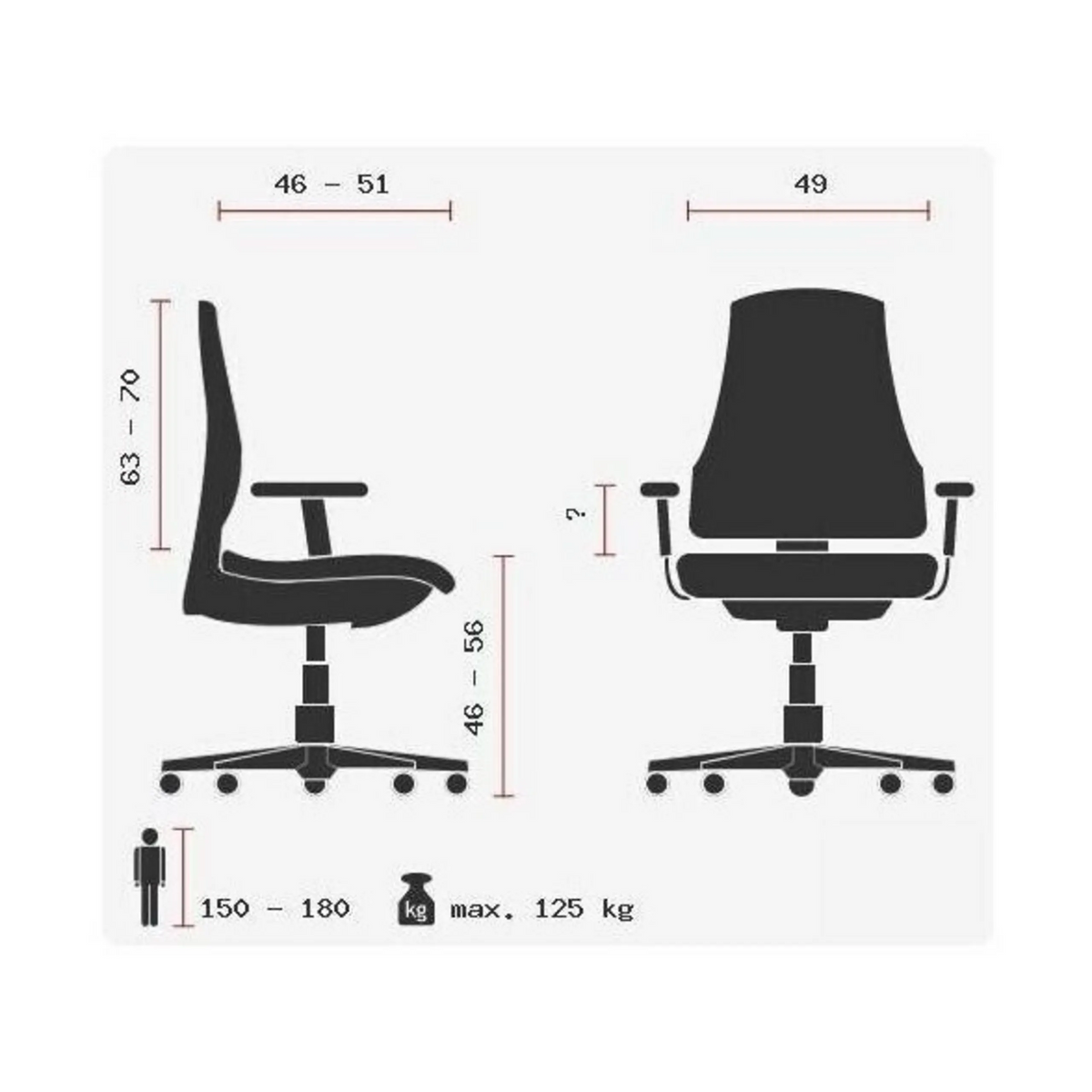 Technische Zeichnung des High-End-Bürostuhls ZERO 54 AL mit maximal 125 kg Belastbarkeit von Sitwell Steifensand