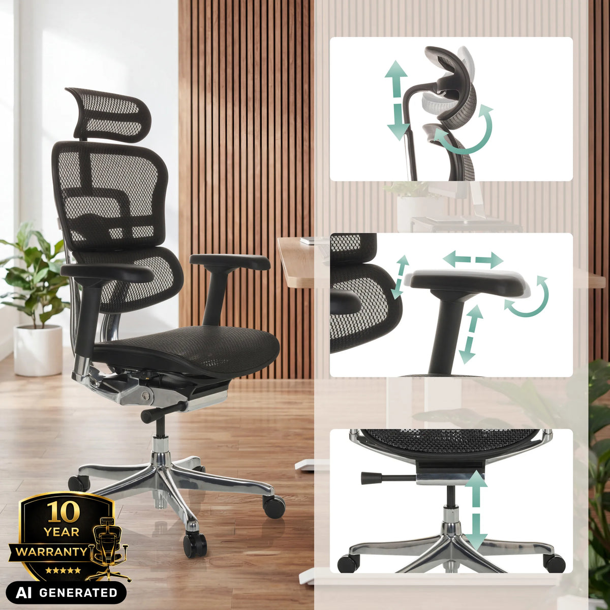 Verstellmöglichkeiten des Luxus-Chefsessels ERGOHUMAN GEN2 in Schwarz von hjh OFFICE (KI-generiertes Bild)