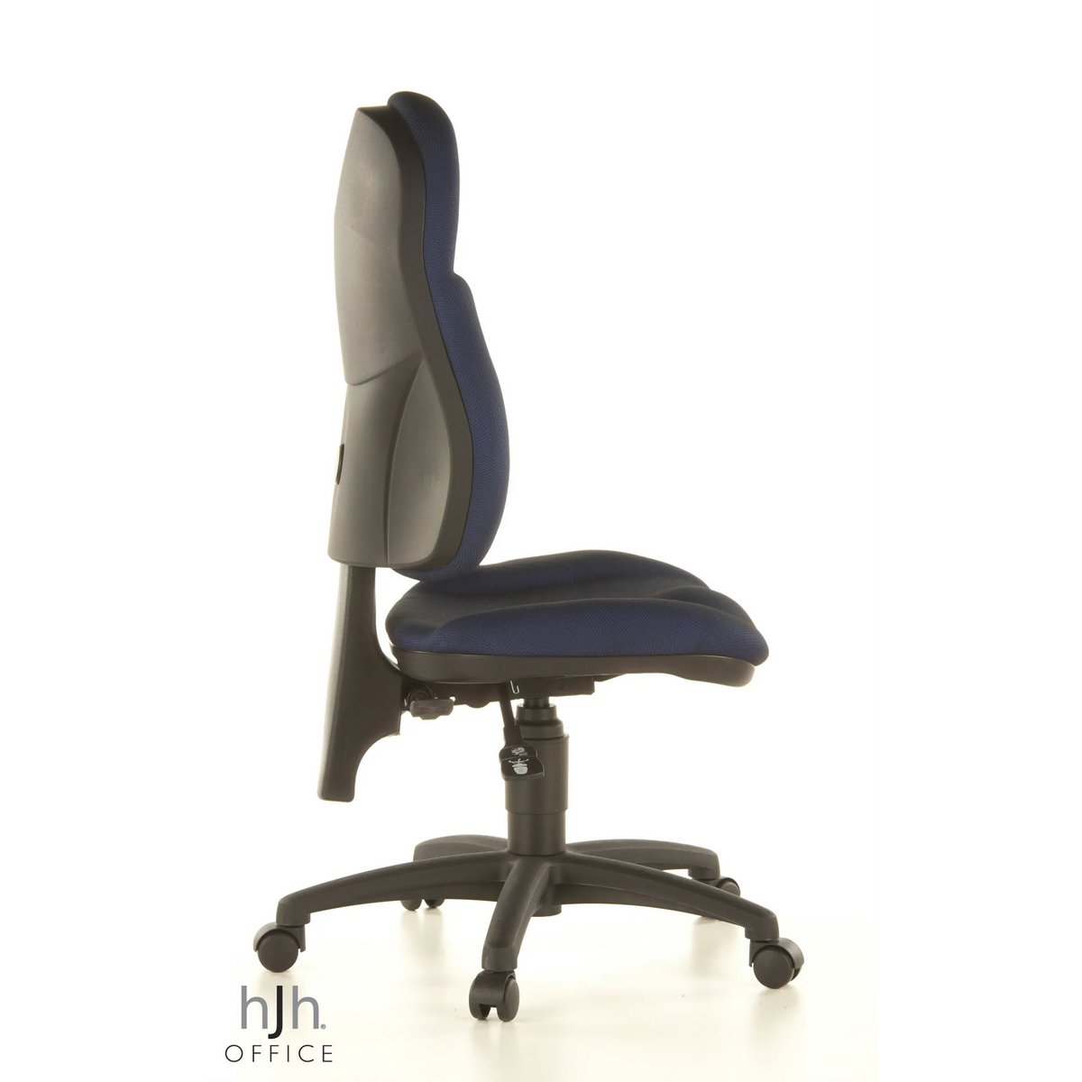 Blauer Homeoffice-Bürostuhl WELLPOINT 10 mit Fußkreuz und fünf Rollen von Topstar – 360-Grad-Ansicht (Seitenprofil 100°)