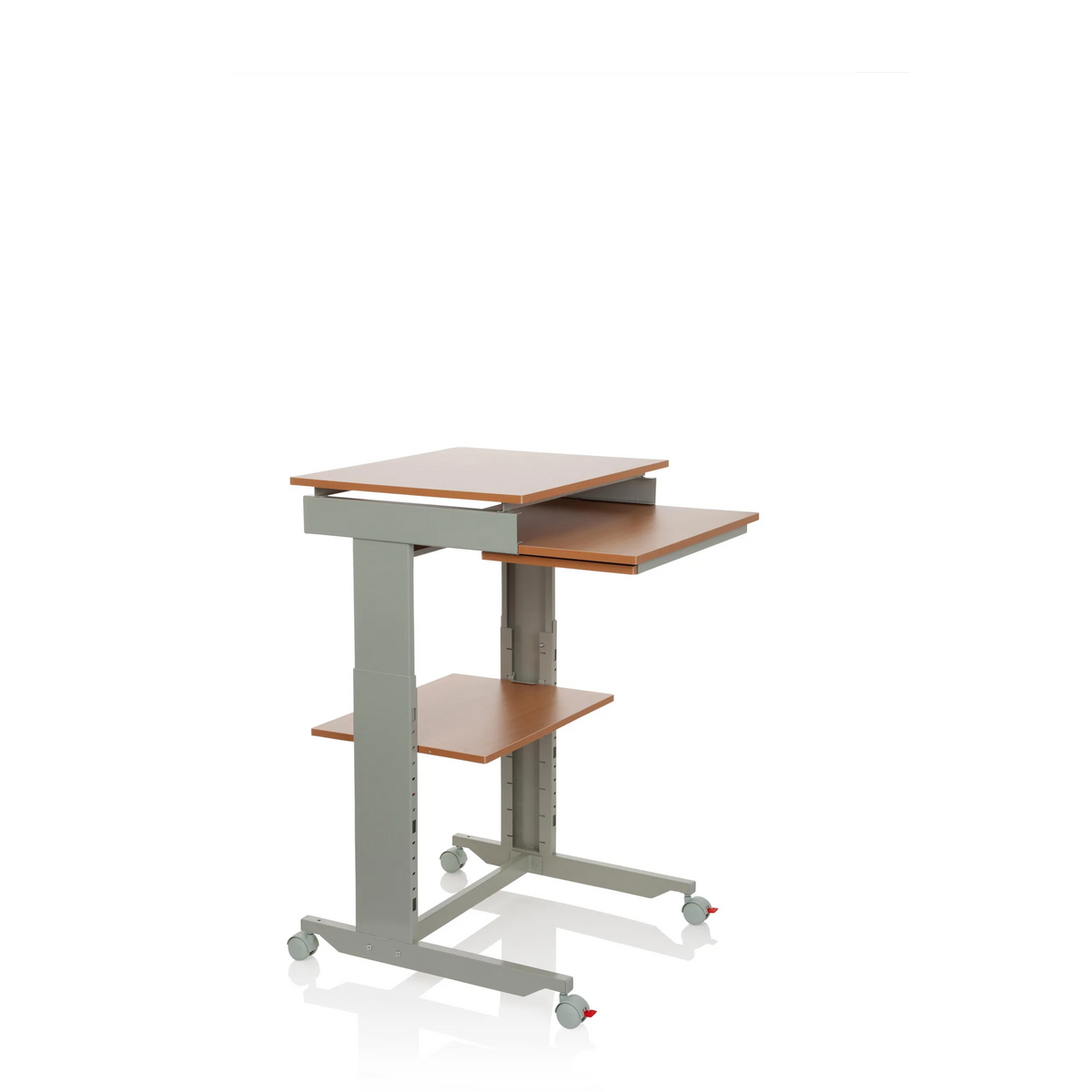 Grauer Stehschreibtisch WORKSTATION in Buche mit Ablagefläche und vier Rollen von hjh OFFICE – 360-Grad-Ansicht (schräge Frontansicht 60°)