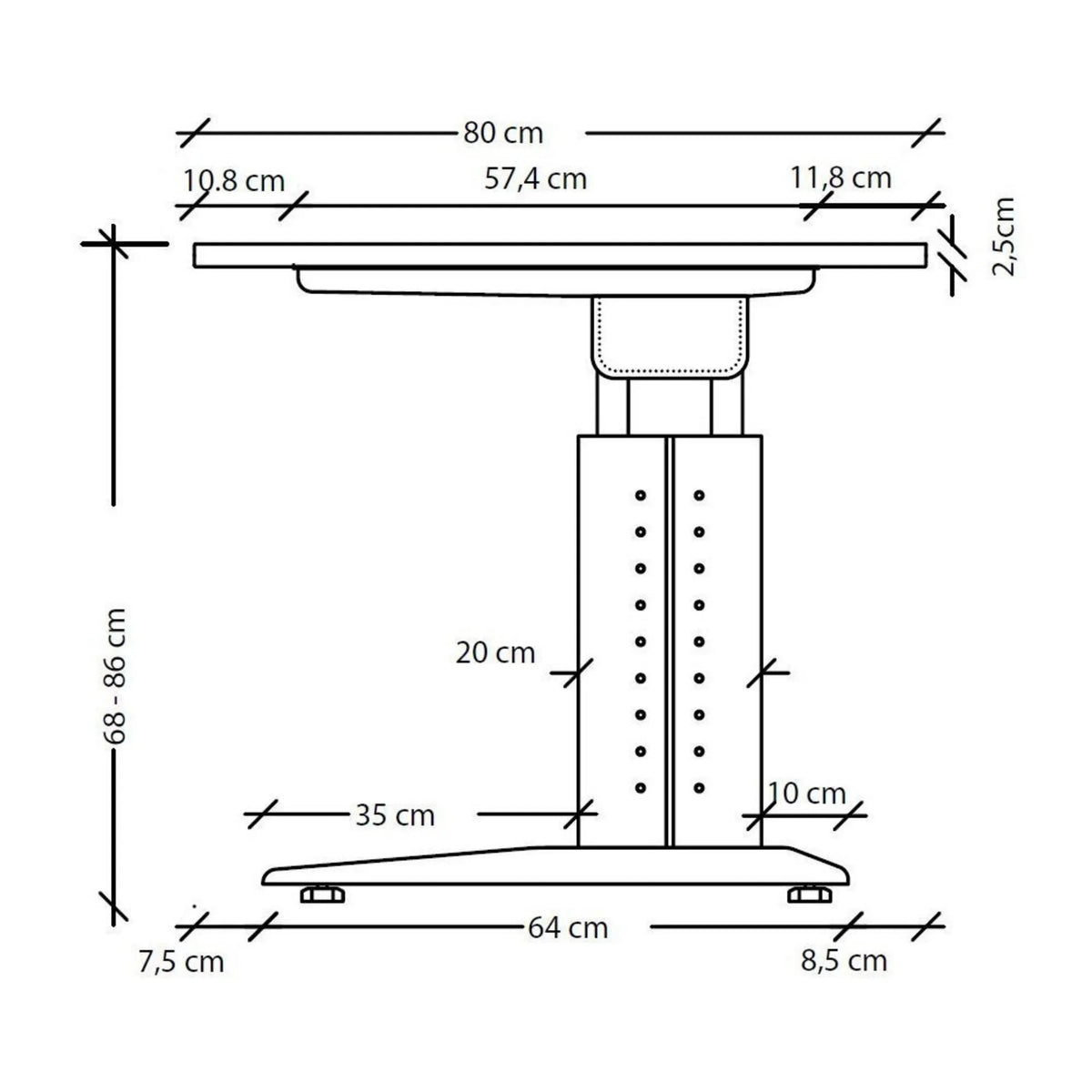 Maßzeichnung des höhenverstellbaren Schreibtischs UNDA 82 S mit einer Höhe von 68 bis 86 cm von hjh OFFICE PRO