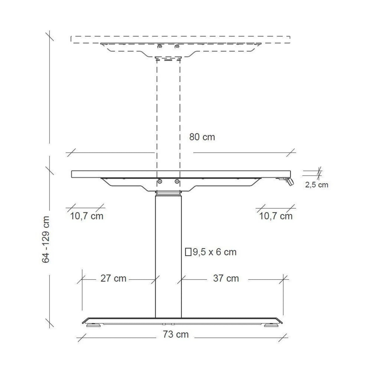 Maßzeichnung des höhenverstellbaren Schreibtisches XDKB 16 S mit einer Höhe von 64–129 cm von hjh OFFICE PRO