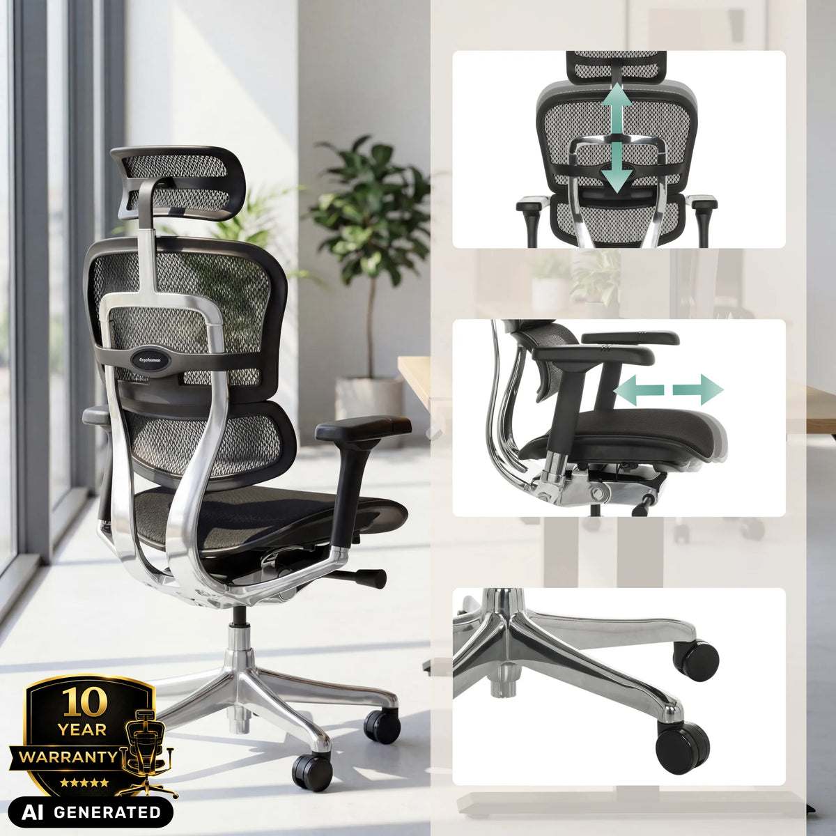 Luxus-Chefsessel ERGOHUMAN GEN2 mit verstellbarer Kopfstütze, Armlehnen und Rollen von hjh OFFICE (KI-generiertes Bild)