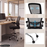 Counterstuhl VENDO WORK in Schwarz mit Detailansichten der Rückenlehne und Rollen von hjh OFFICE (KI-generiertes Bild)