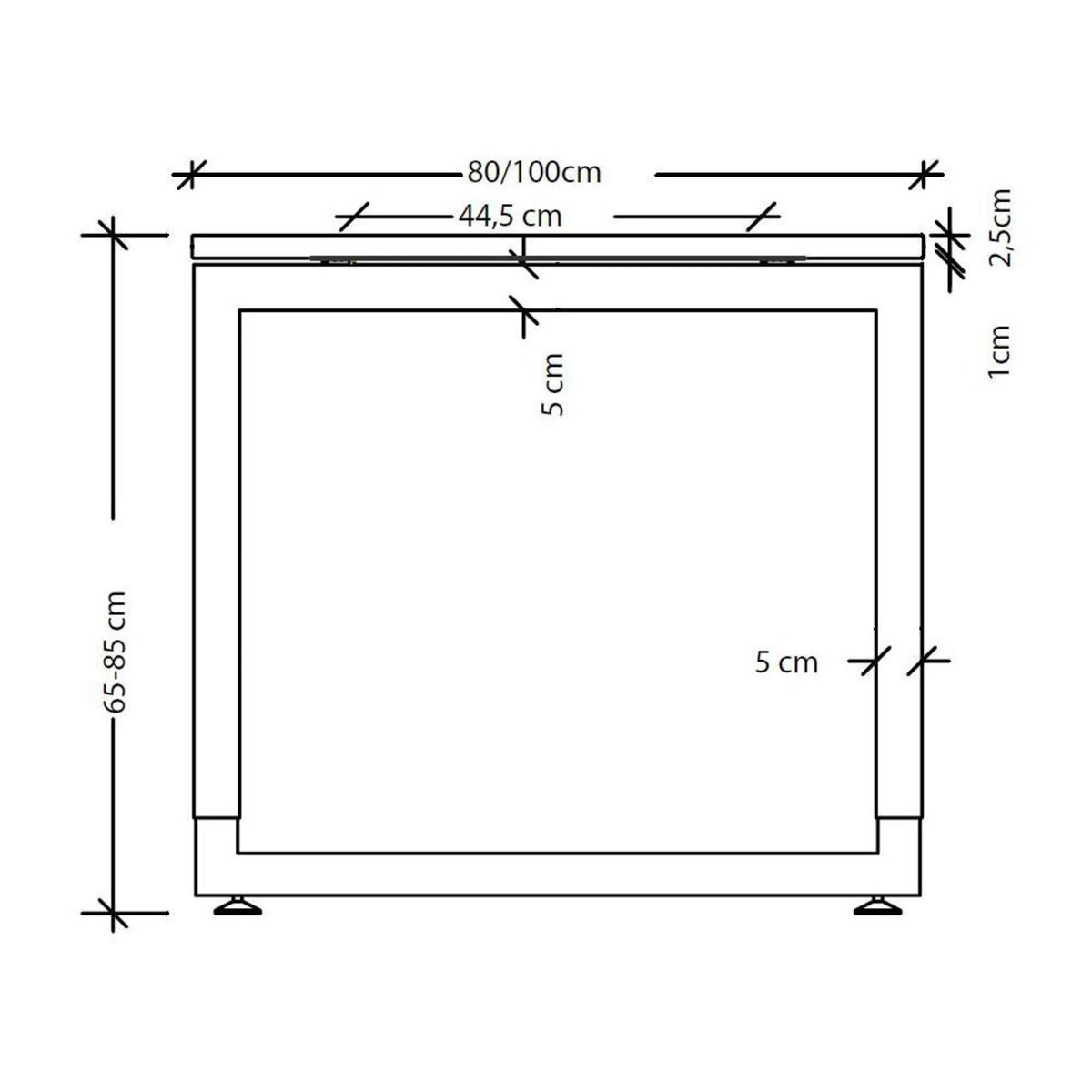 Maßzeichnung des Schreibtischs REGO 82 G mit Angaben zur Breite von 80/100 cm und Höhe von 65-85 cm von hjh OFFICE PRO