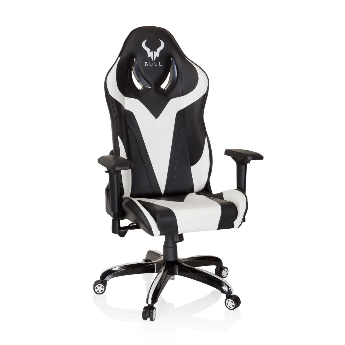 Schwarz-weißer Gamingstuhl PROMOTER I mit Armlehnen und Fußkreuz mit fünf Rollen von hjh OFFICE – 360-Grad-Ansicht (Frontansicht 20°)
