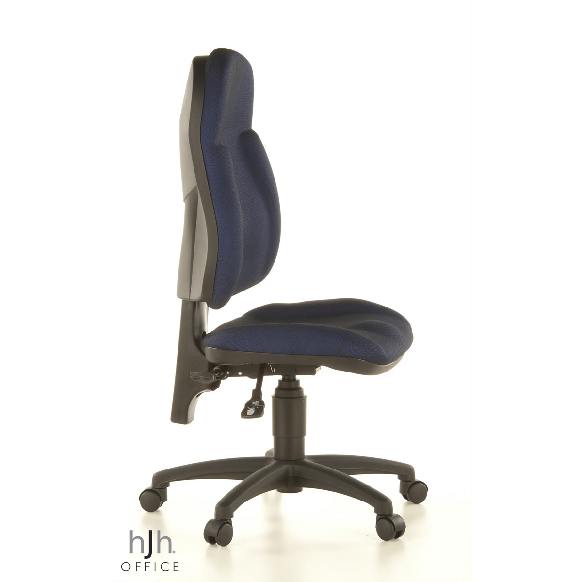 Blauer Homeoffice-Bürostuhl WELLPOINT 10 mit Fußkreuz und fünf Rollen von Topstar – 360-Grad-Ansicht (Seitenprofil 80°)