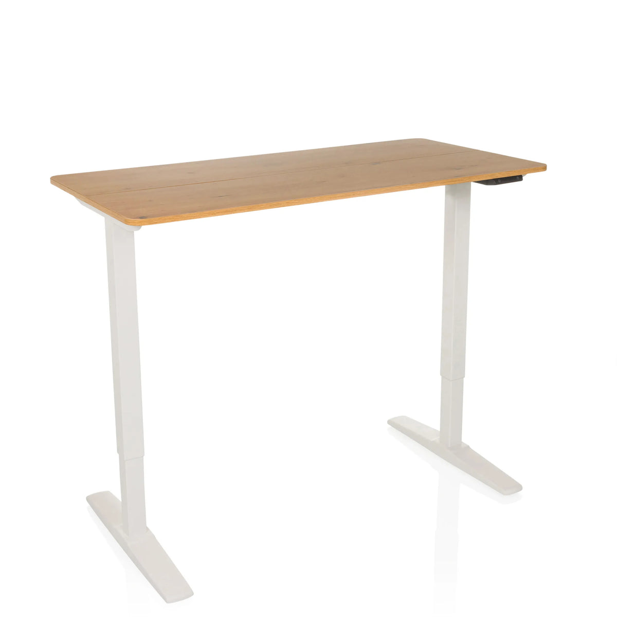 Elektrisch höhenverstellbarer Schreibtisch STAND BASIC in Weiß und Eiche mit T-Fußgestell von hjh OFFICE – 360-Grad-Ansicht (Seitenprofil 90°)