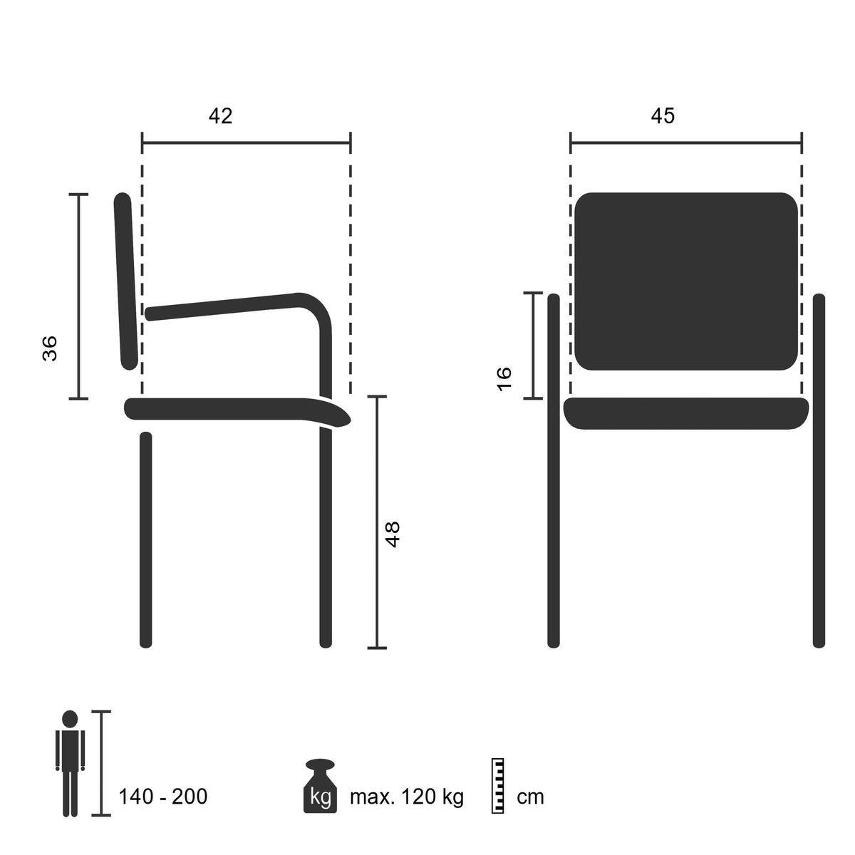 Technische Zeichnung des Vierfußstuhls XT 650 mit einer Sitzhöhe von 48 cm von hjh OFFICE