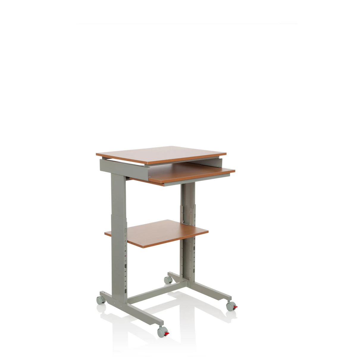 Grauer Stehschreibtisch WORKSTATION in Buche mit Ablagefläche und vier Rollen von hjh OFFICE – 360-Grad-Ansicht (schräge Frontansicht 40°)