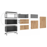 Einzelteile eines Korpus-Schranks FlexWall mit Fronten in Holzoptik und Sockelgestell in Graphit von hjh OFFICE PRO