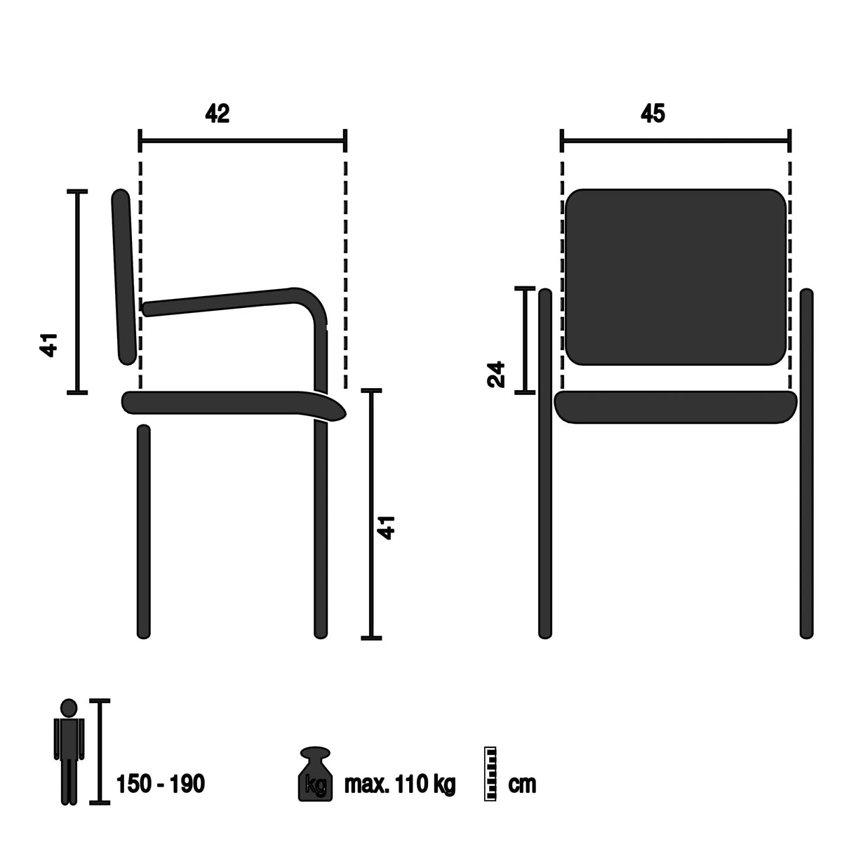 Technische Zeichnung des Outdoor-Stuhls BEGIO L mit einer Breite von 45 cm von hjh LIVING