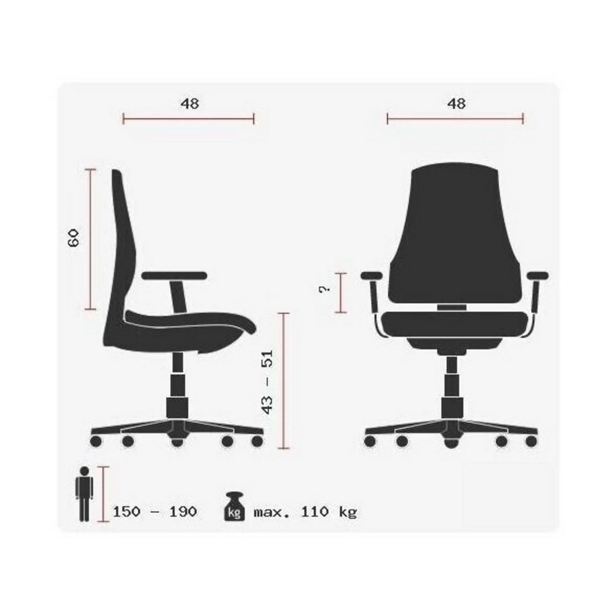 Technische Zeichnung des Profi-Bürostuhls Open Point SY B2 mit einer maximalen Belastung von 110 kg von Topstar