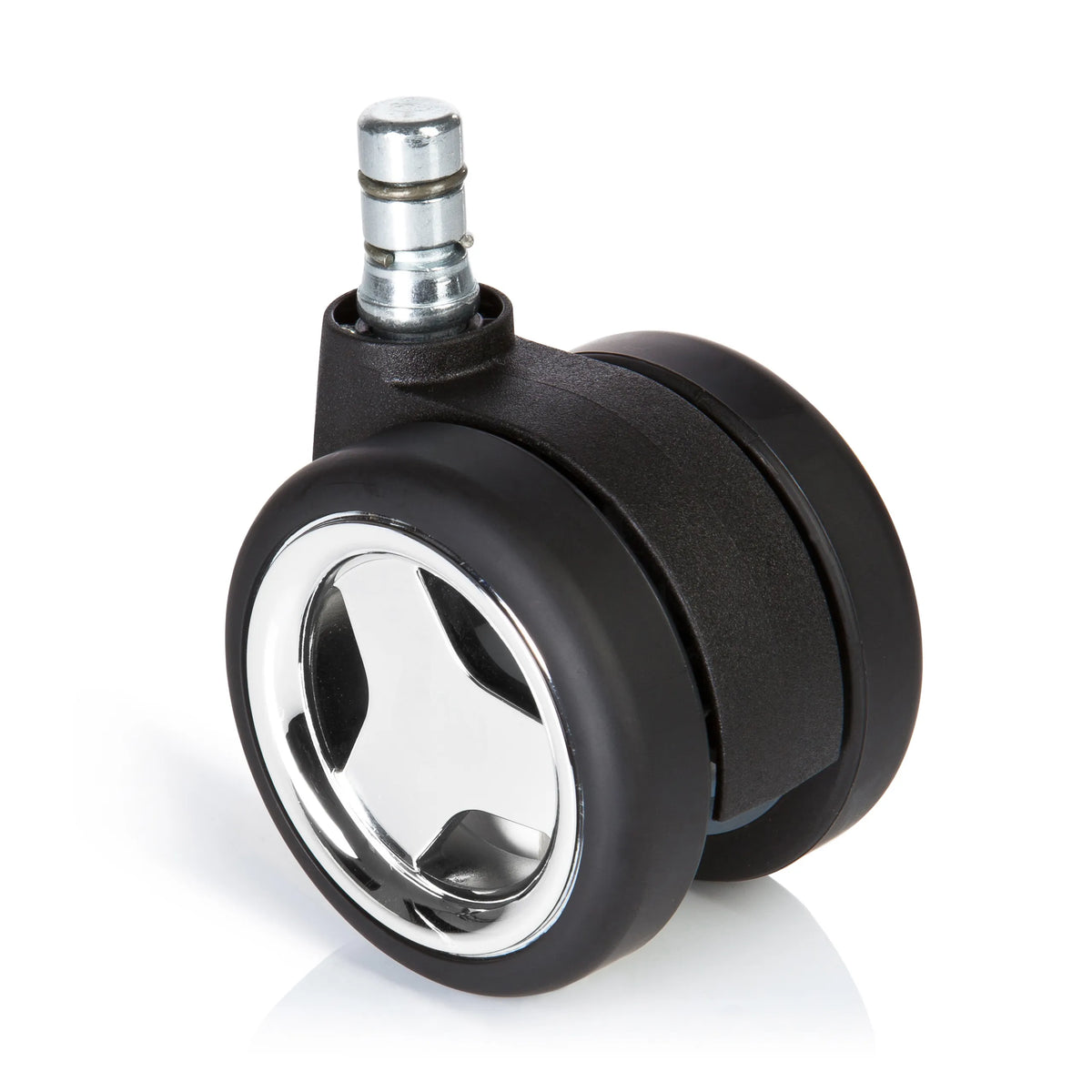 Schwarze Stuhlrolle 5x ROLO GAME No-Noise 11mm/60mm für Hartböden mit Chrom-Details von hjh OFFICE – 360-Grad-Ansicht (Frontansicht 0°)