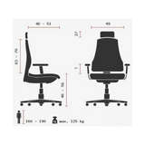 Technische Zeichnung des High-End-Bürostuhls ZERO O1 AL L mit maximal 125 kg Belastbarkeit von Sitwell Steifensand