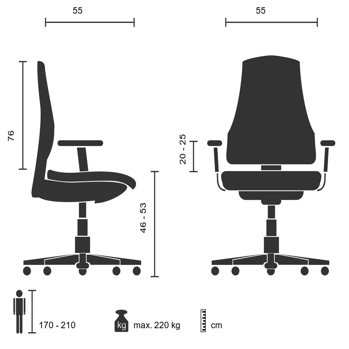 Technische Zeichnung des XXL Drehstuhls INSTRUCTOR III mit einer Breite von 55 cm von hjh OFFICE