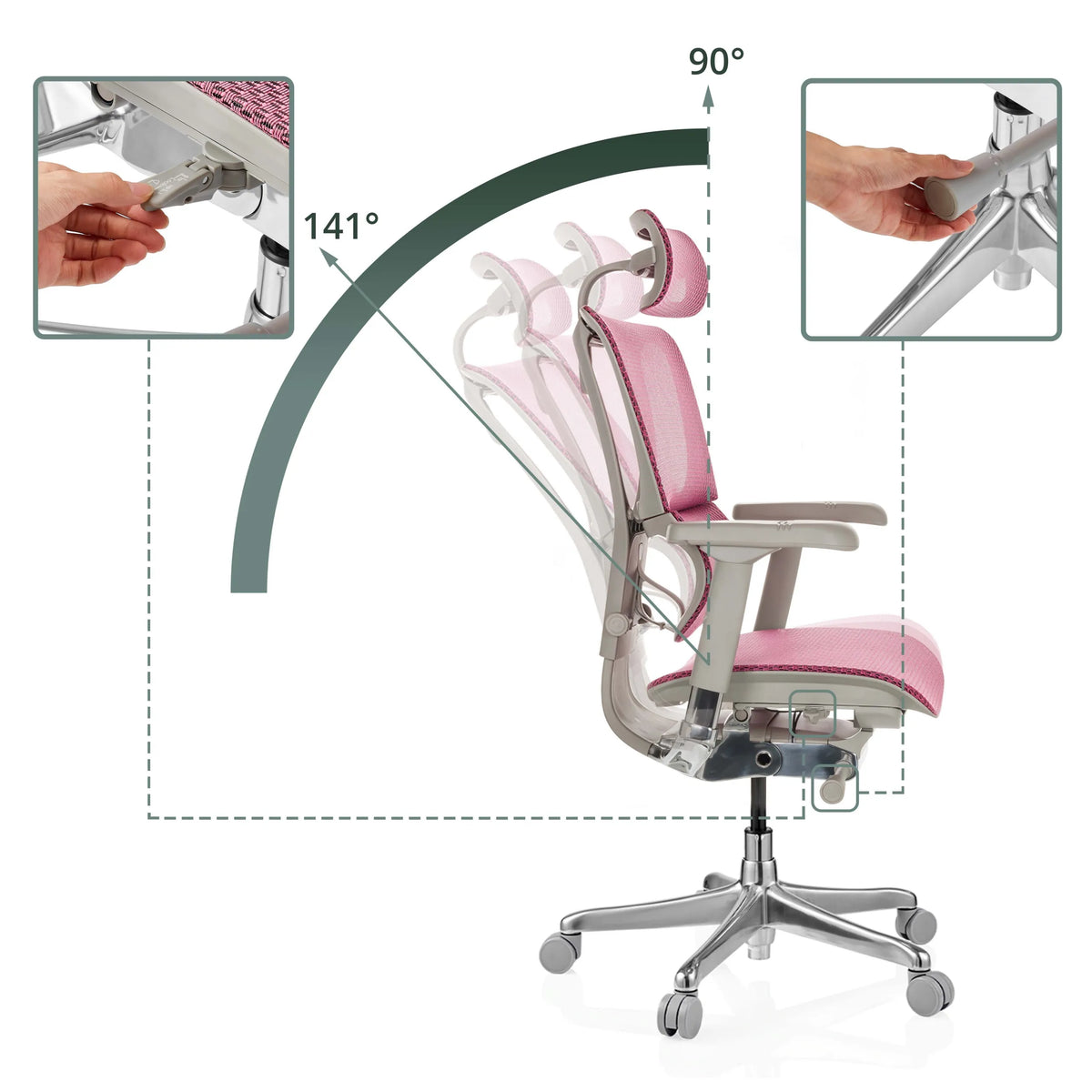 Verstellbarer Neigungswinkel von 90° bis 141° des Luxus-Chefsessels ERGOHUMAN SLIM G GEN2 in Rosa von hjh OFFICE