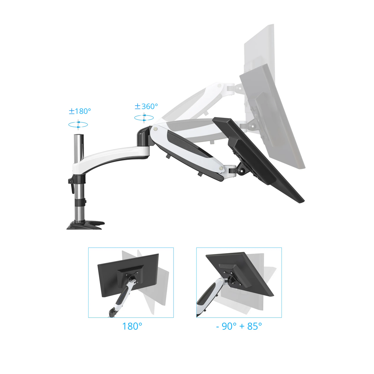Verstellbereiche der Monitorhalterung VM-MG2 mit Dreh- und Neigewinkeln von hjh OFFICE