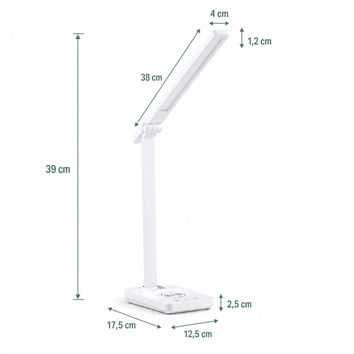 Technische Zeichnung der Schreibtischlampe Lumanova D1 mit einer Höhe von 39 cm und Länge von 38 cm von hjh OFFICE