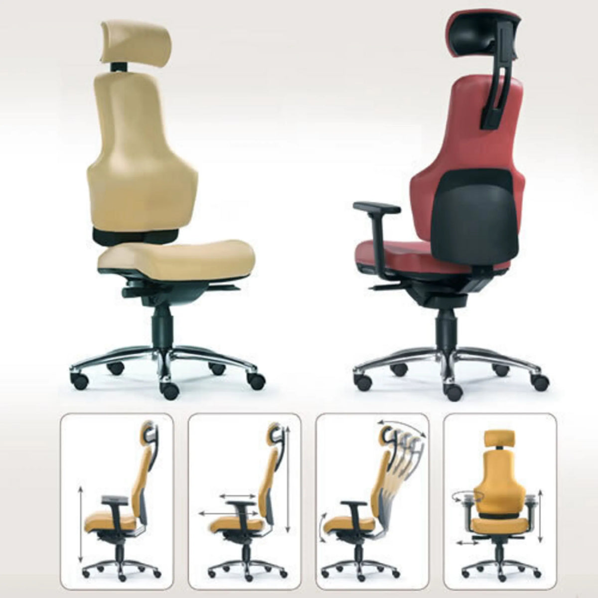 High-End-Bürostuhl ZERO O1 S in Beige und Rot mit Darstellung der Verstellmöglichkeiten von Sitwell Steifensand