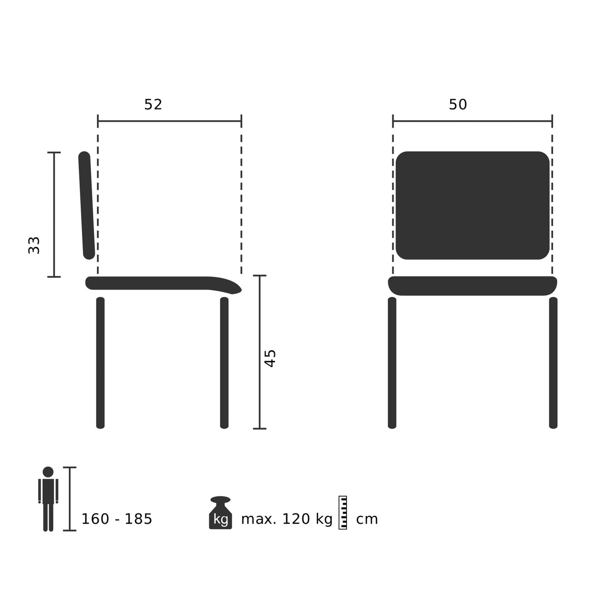 Technische Zeichnung des Polsterstuhls TEDIO mit einer Sitzhöhe von 45 cm von hjh OFFICE