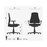 Technische Zeichnung des XXL Drehstuhls ZERO 70 XL mit maximal 150 kg Belastbarkeit von Sitwell Steifensand