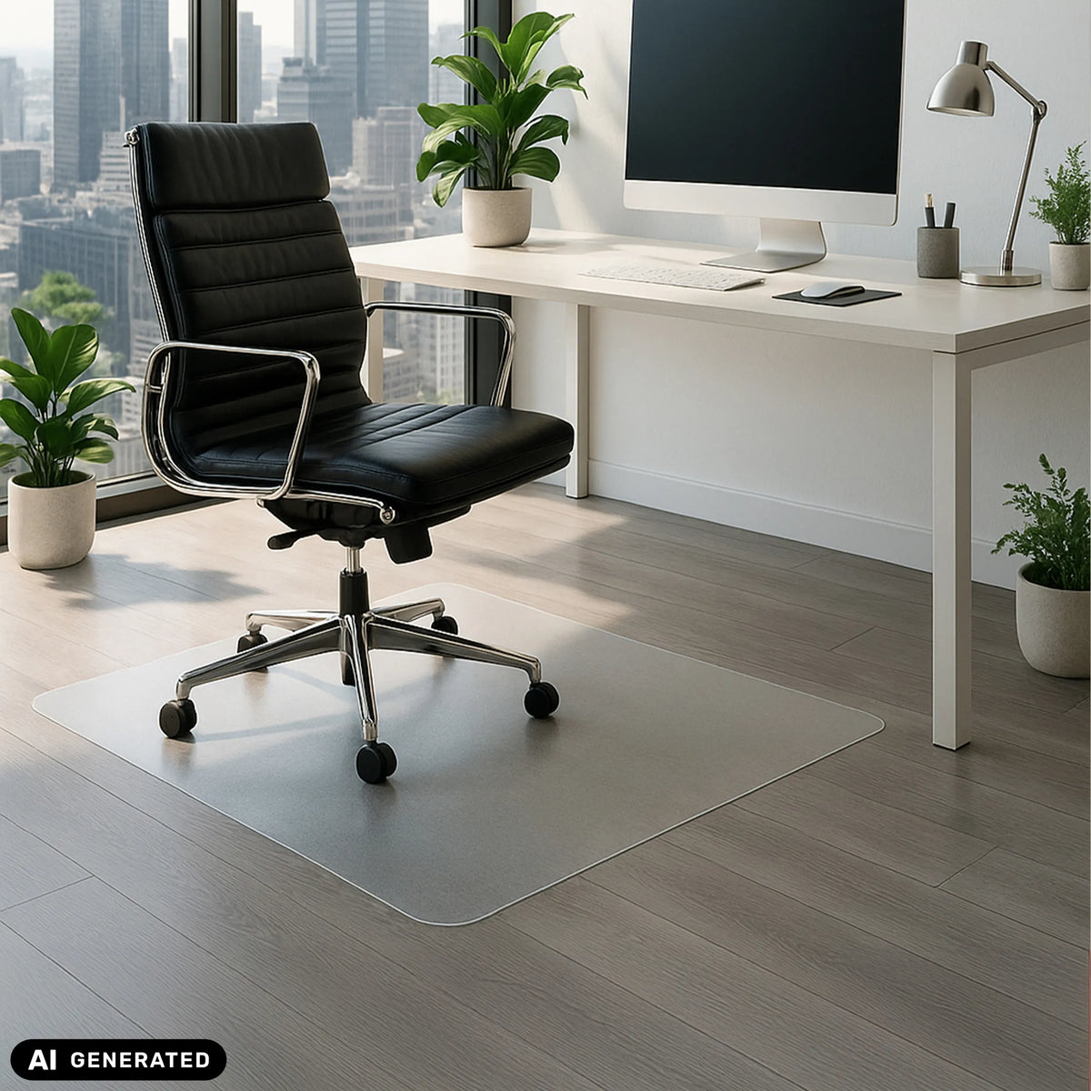 Rechteckige, transparente Bodenschutzmatte ULTIMAT XXL aus Polycarbonat von Floortex (KI-generiertes Bild)