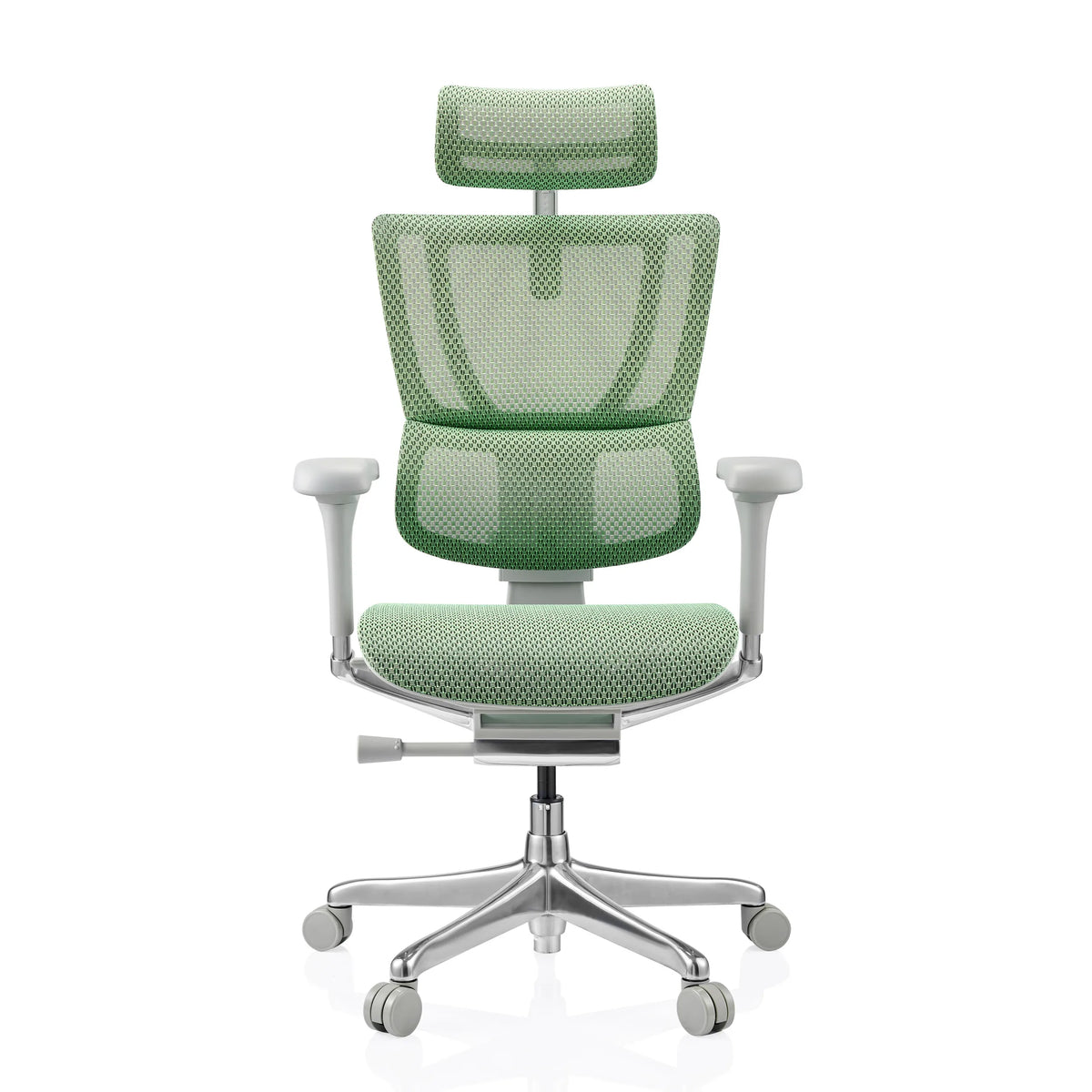 Grüner Luxus-Chefsessel ERGOHUMAN SLIM G GEN2 mit Netzrücken, Kopfstütze und Fußkreuz mit fünf Rollen von hjh OFFICE – 360-Grad-Ansicht (Frontansicht 0°)