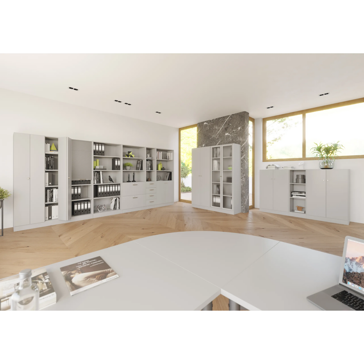 Regalsystem der Serie SIGNA B SIGNA B 6000 in Grau mit verschiedenen Schrank- und Regalelementen von hjh OFFICE PRO