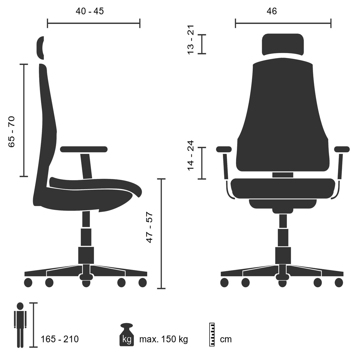 Technische Zeichnung des Profi-Bürostuhls PRO-TEC 400 mit einer maximalen Belastbarkeit von 150 kg von hjh OFFICE