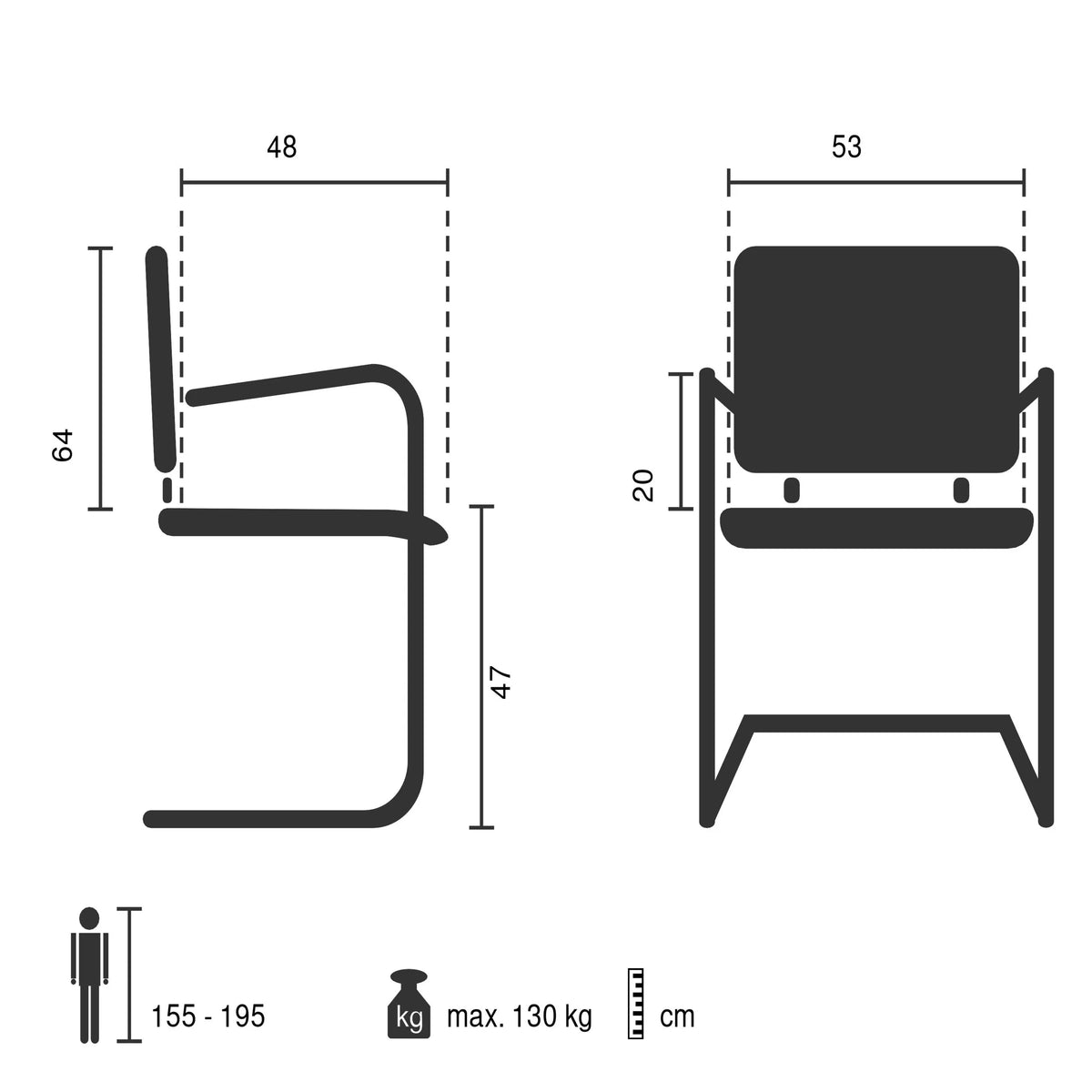 Technische Zeichnung des Freischwingers Ergomy Meet mit einer Breite von 53 cm von hjh OFFICE