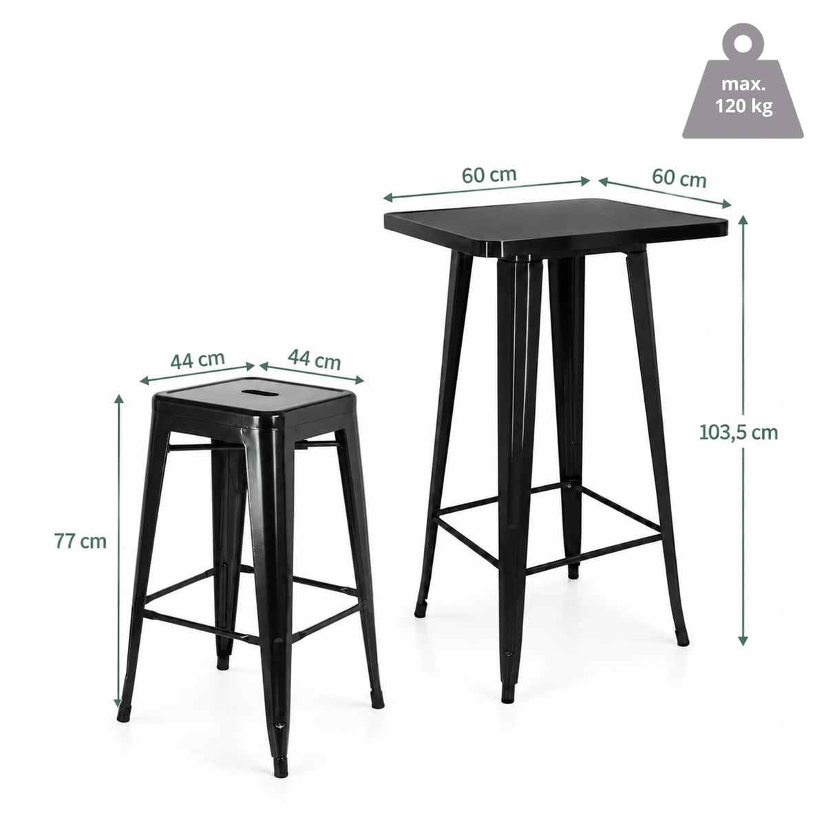 Maßzeichnung des Bar-Sets Vantaggio Set mit einem Tisch von 60 × 60 cm und einer Höhe von 103,5 cm von hjh OFFICE