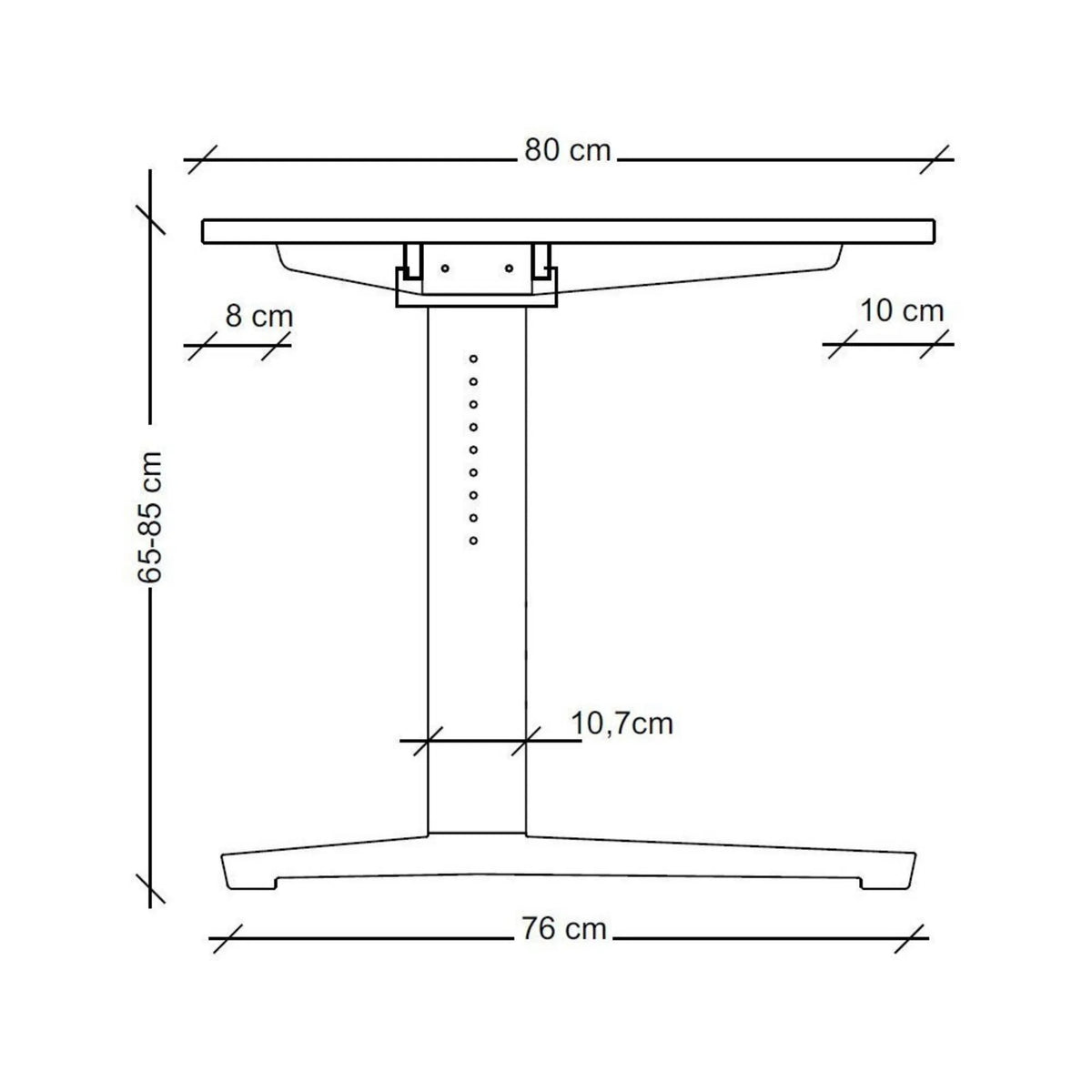 Maßzeichnung des höhenverstellbaren Schreibtisches XTRA XB 16 GC mit einer Höhe von 65-85 cm von hjh OFFICE PRO