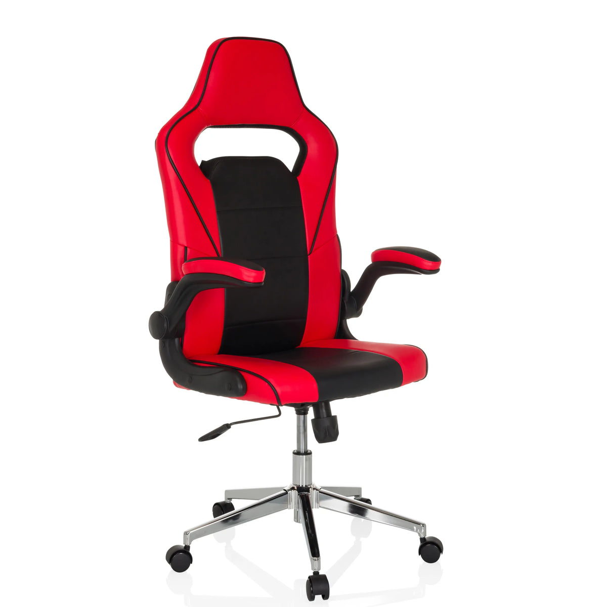 Rot-schwarzer Gaming-Stuhl GAME SPORT PRO mit Armlehnen und Fußkreuz mit fünf Rollen von MyBuero – 360-Grad-Ansicht (schräge Frontansicht 30°)