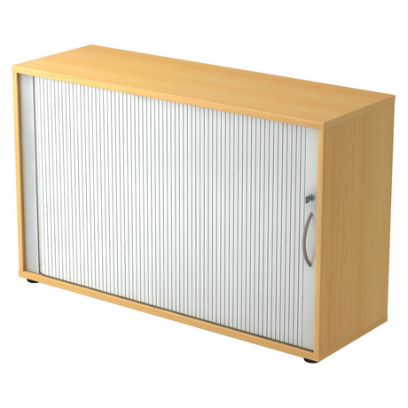 Rollladenschrank BETA R 1732S in Buche-Optik mit weißem Rollladen und silbernem Bogengriff von hjh OFFICE PRO