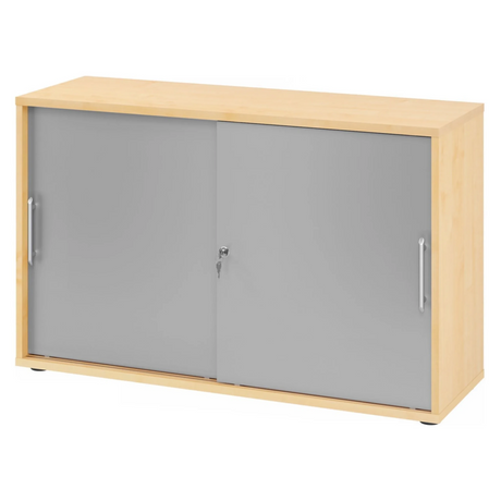 Schiebetürenschrank BETA S 1752S in Ahorn-Optik mit silbernen Fronten und Relinggriffen von hjh OFFICE PRO