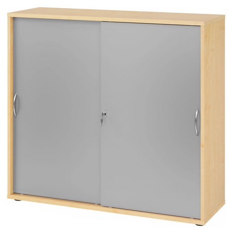 Schiebetürenschrank BETA S 1753S in Ahorn-Optik mit silbernen Türen und Bogengriffen von hjh OFFICE PRO