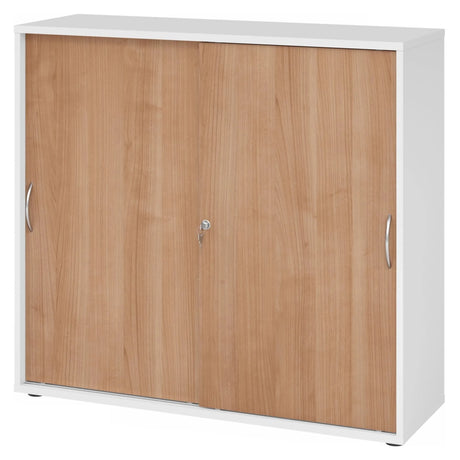 Schiebetürenschrank BETA S 1753S in Weiß und Nussbaum mit zwei Metall-Bogengriffen von hjh OFFICE PRO