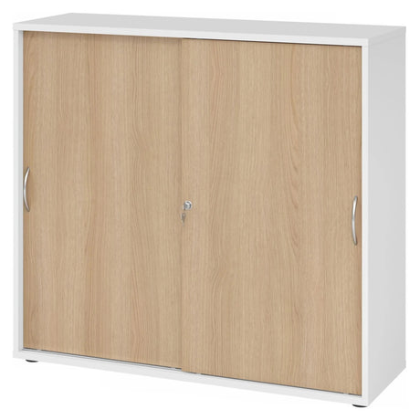 Schiebetürenschrank BETA S 1753S in Weiß und Eiche mit Metall-Bogengriffen von hjh OFFICE PRO