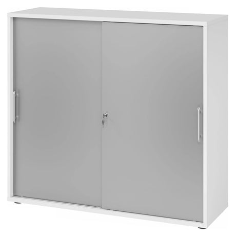 Weißer Schiebetürenschrank BETA S 1753S mit silbernen Relinggriffen und Schloss von hjh OFFICE PRO