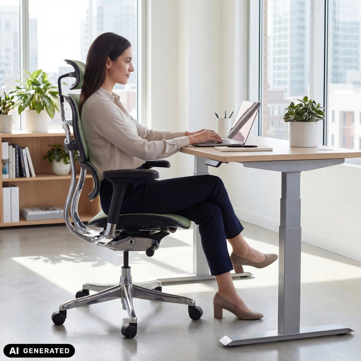 Luxus-Chefsessel ERGOHUMAN GEN2 mit grünem Netzbezug von hjh OFFICE (KI-generiertes Bild)
