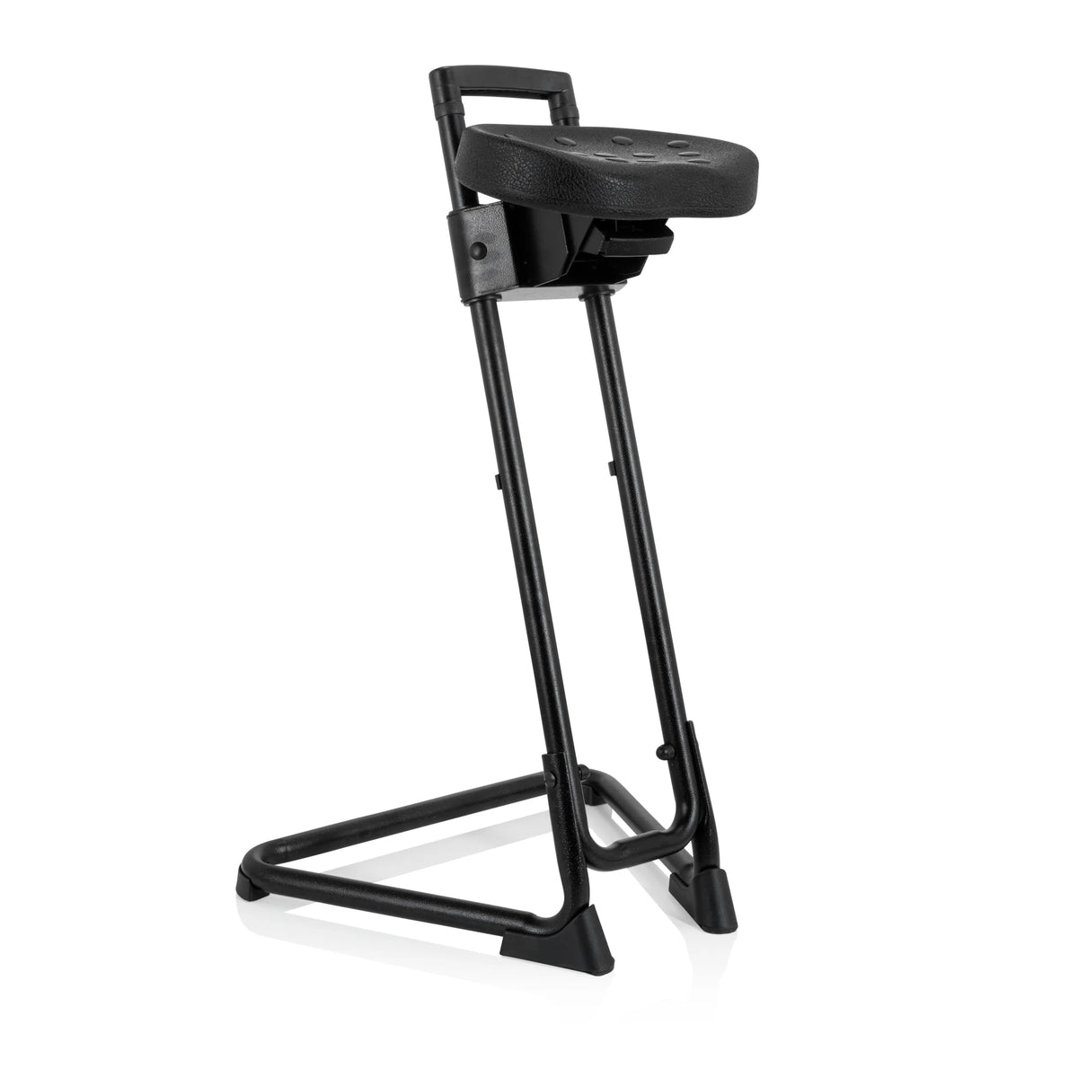 Schwarze Stehhilfe TOP WORK 32 mit gepolsterter Sitzfläche und U-förmigem Standfuß von hjh OFFICE – 360-Grad-Ansicht (schräge Frontansicht 40°)