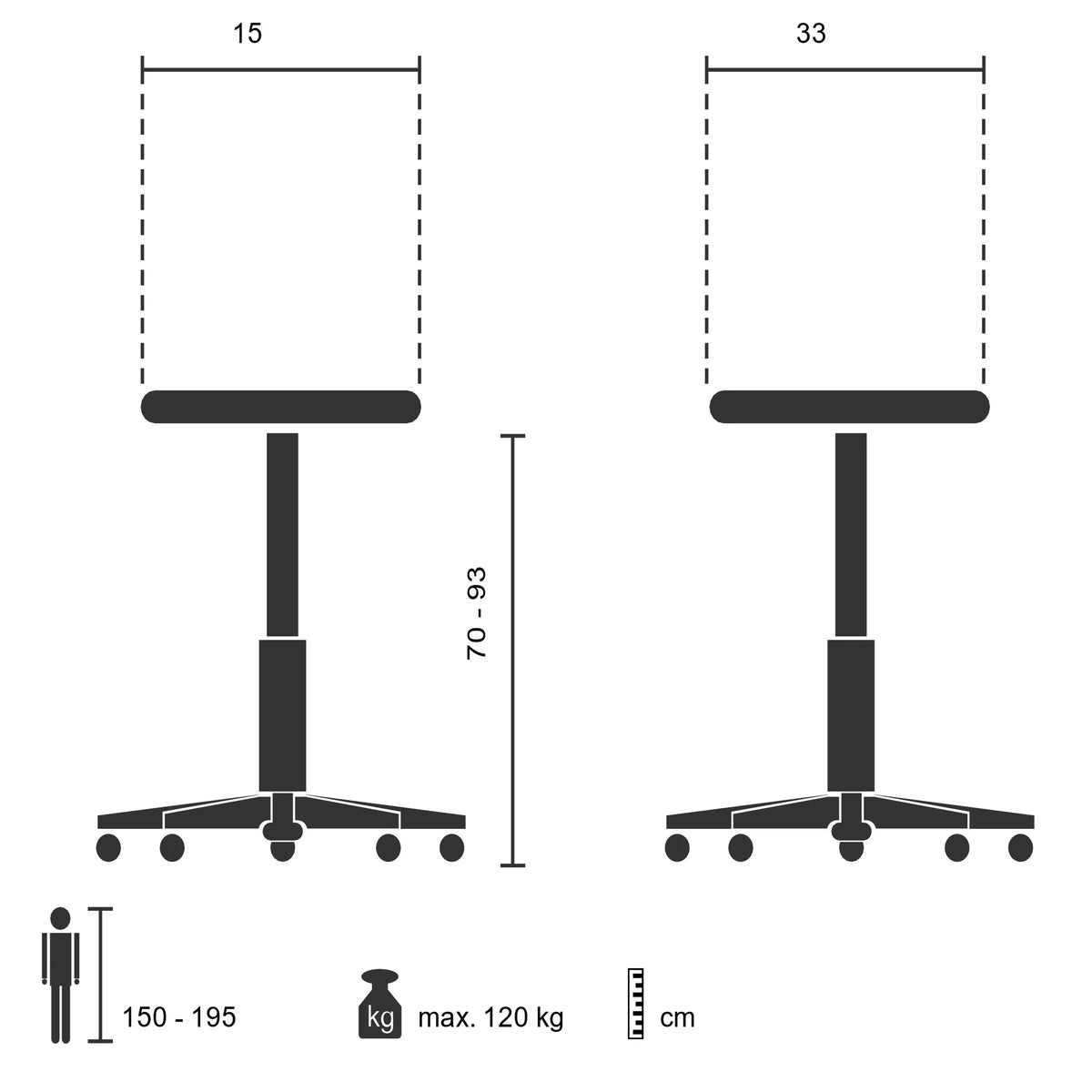Technische Zeichnung der Stehhilfe TOP WORK 30 mit einer Höhe von 70-93 cm von hjh OFFICE