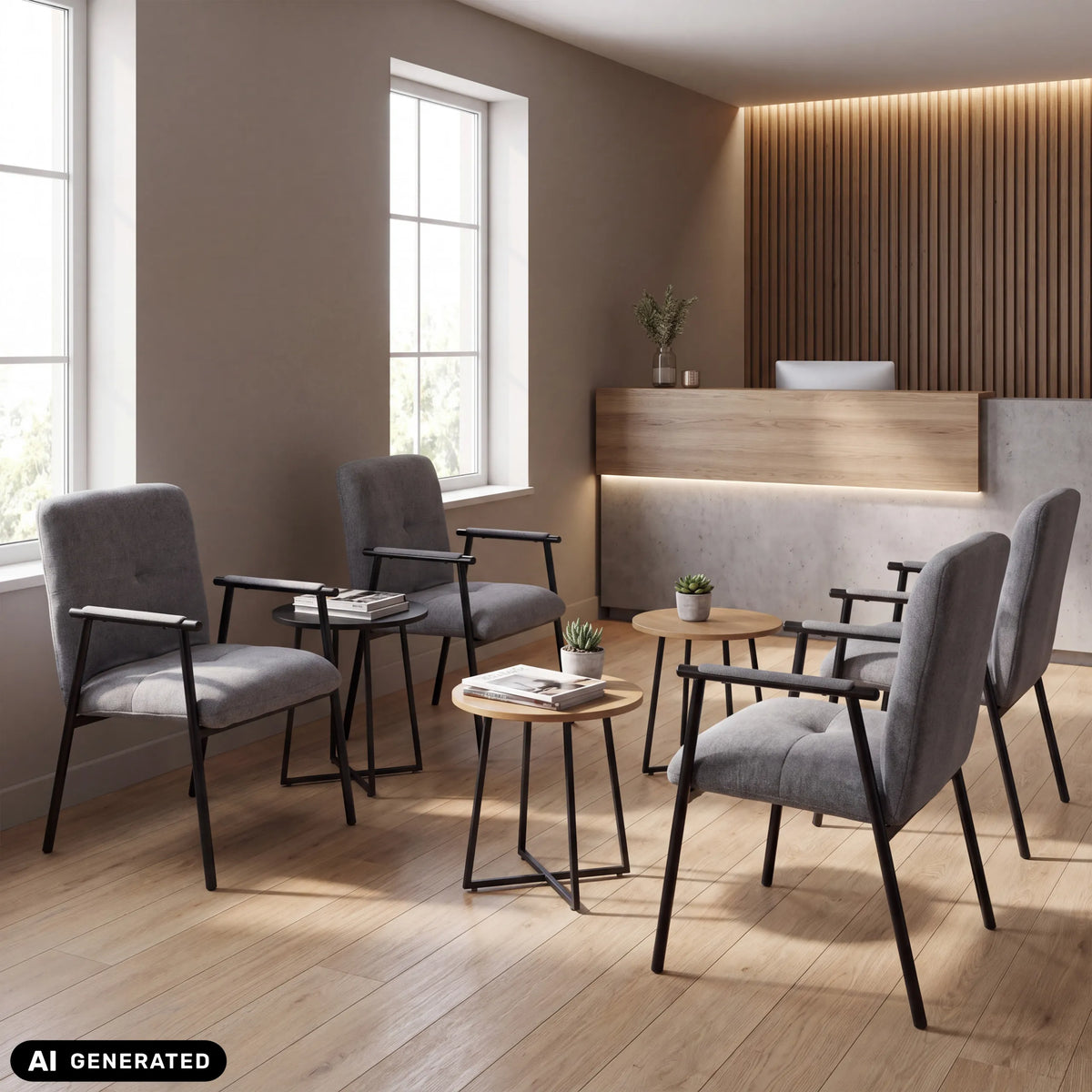 Graue Polsterstühle Lifea Flex mit Armlehnen in einem Wartebereich von hjh LIVING (KI-generiertes Bild)