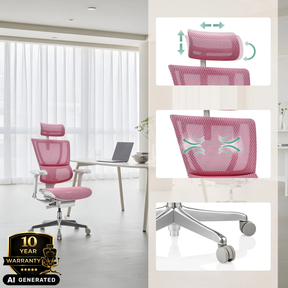 Luxus-Chefsessel ERGOHUMAN SLIM G GEN2 in Rosa mit verstellbarer Kopfstütze und Fußkreuz von hjh OFFICE (KI-generiertes Bild)