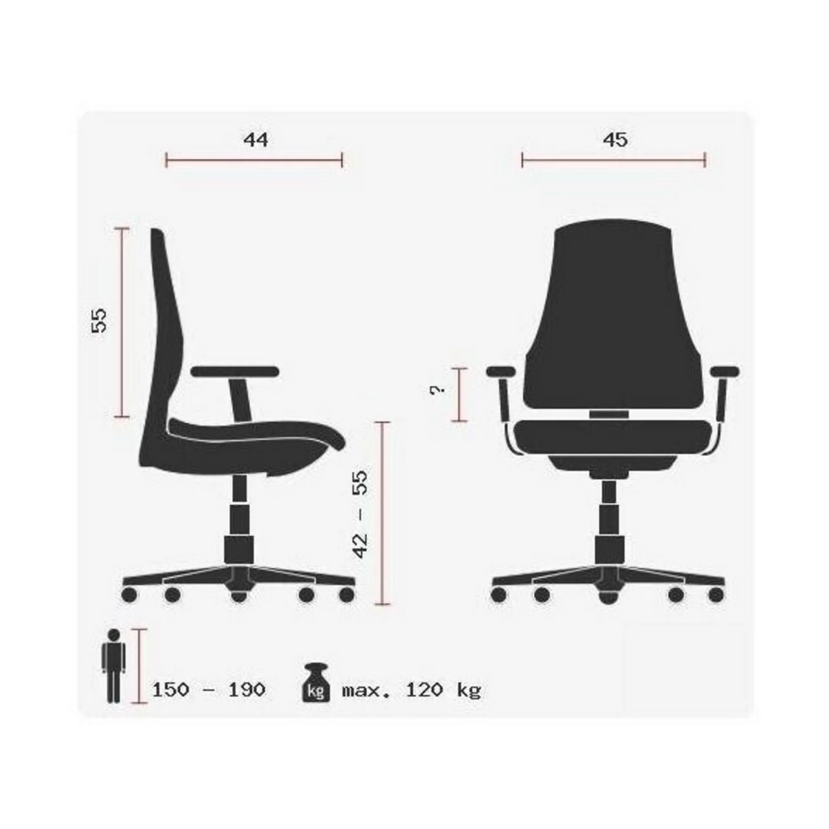 Technische Zeichnung des Profi-Bürostuhls X-ERCISE mit einer maximalen Belastbarkeit von 120 kg von Topstar