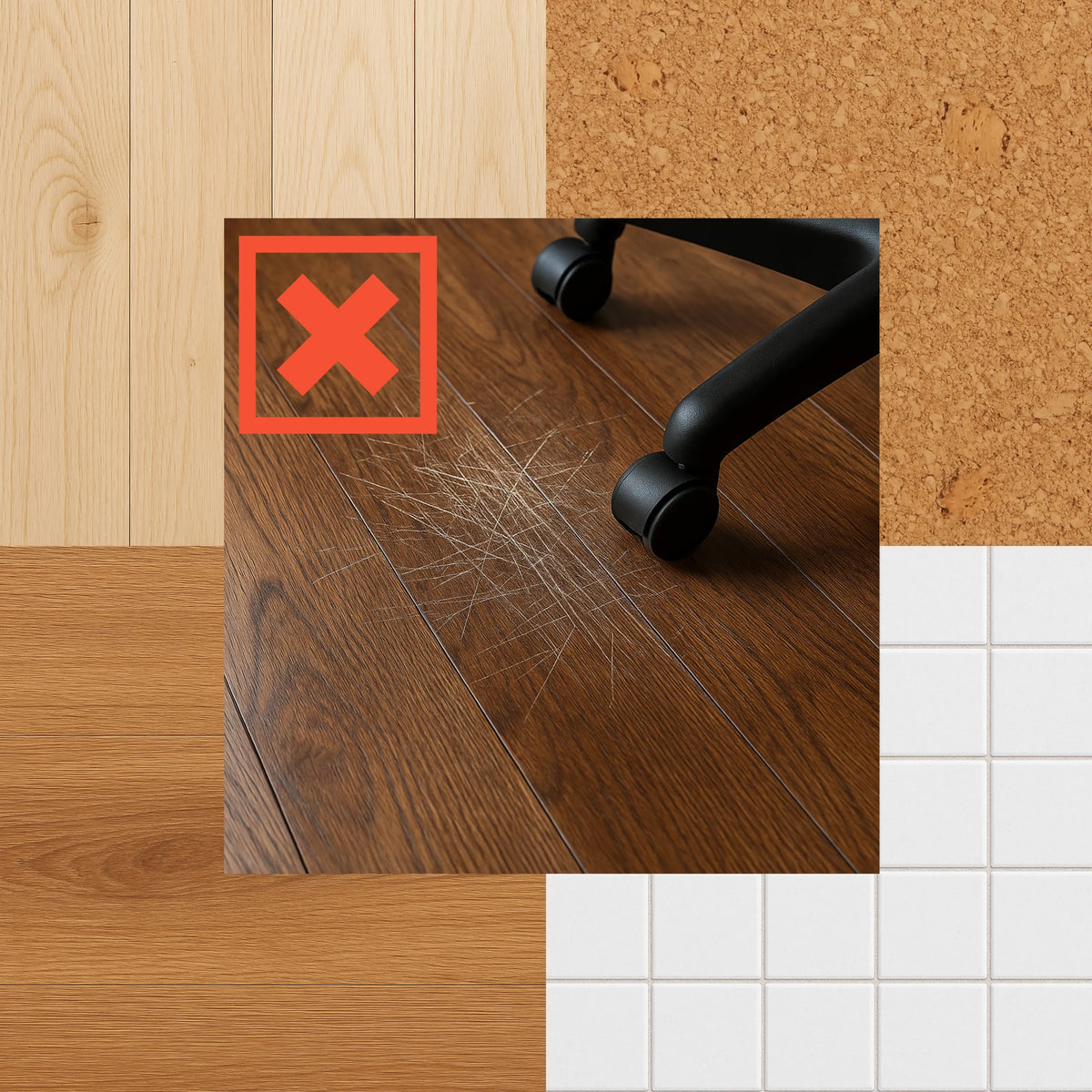 Kratzer auf einem Holzboden durch Rollen einer Bodenschutzmatte ULTIMAT XXL von Floortex