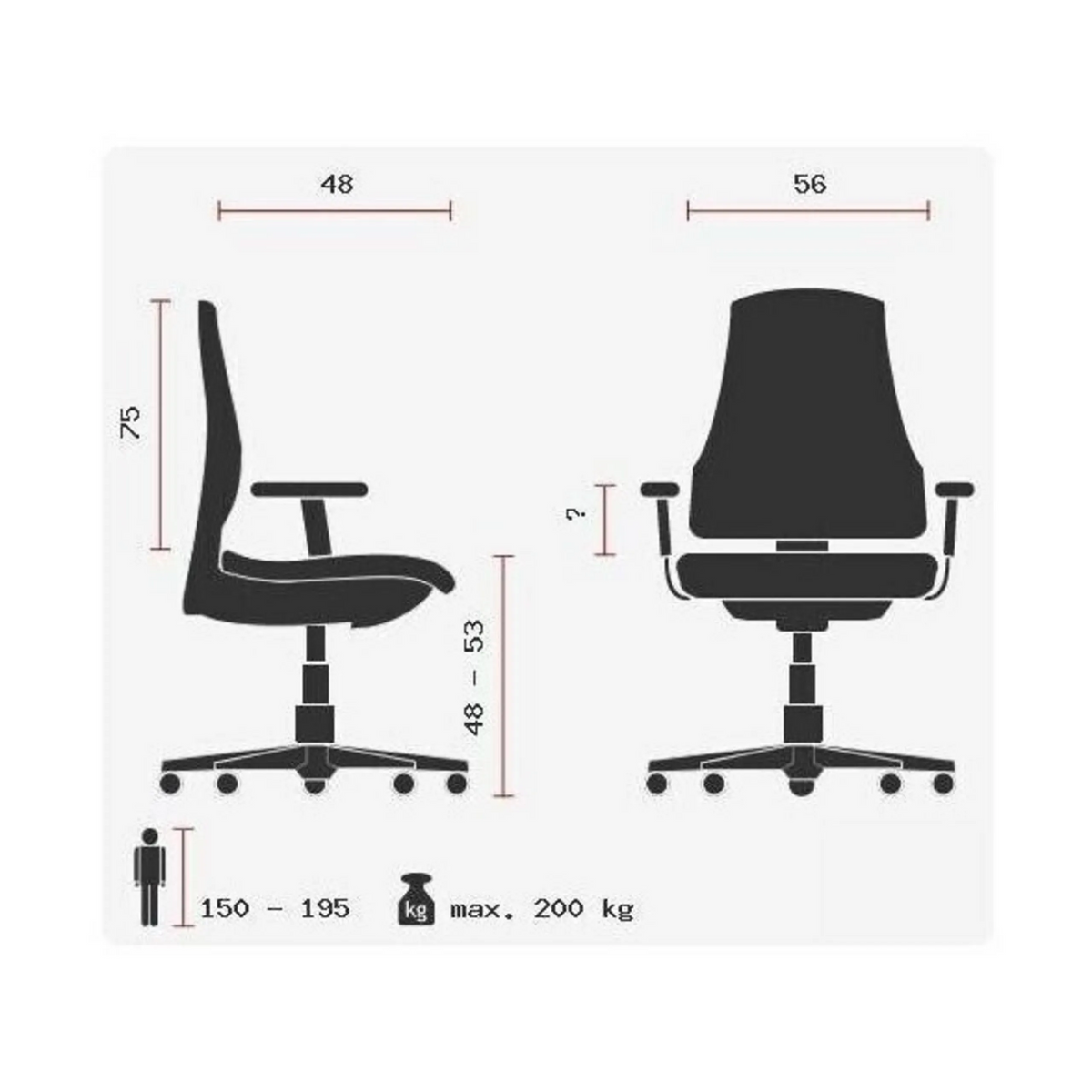 Technische Zeichnung des Drehstuhls ZERO 70 XXL mit maximal 200 kg Traglast von Sitwell Steifensand