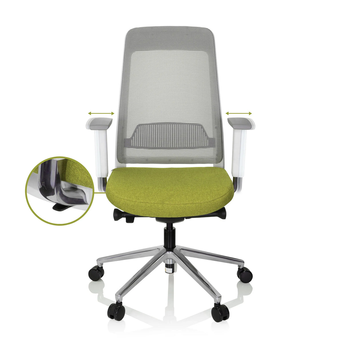 Seitlich verstellbare Armlehnen des Profi-Bürostuhls CHIARO T2 WHITE in Grün und Grau von hjh OFFICE