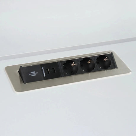 Zubehör ELDUSB1 als silberne Steckdosenleiste aus Aluminium mit drei Steckdosen und zwei USB-Anschlüssen von hjh OFFICE PRO